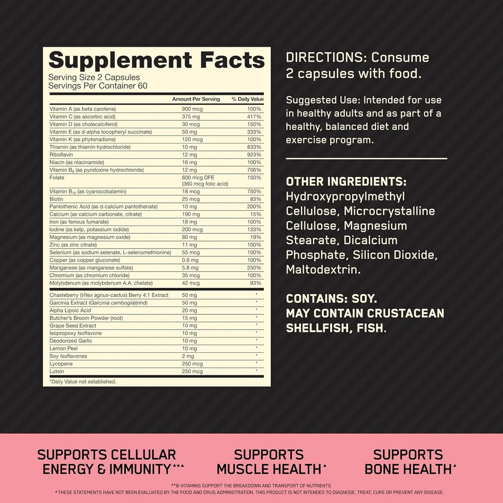 Optimum Nutrition Opti-Women, Vitamin C, Zinc and Vitamin D for Immune Support Womens Daily Multivitamin Supplement with Iron, Capsules, 120 Count