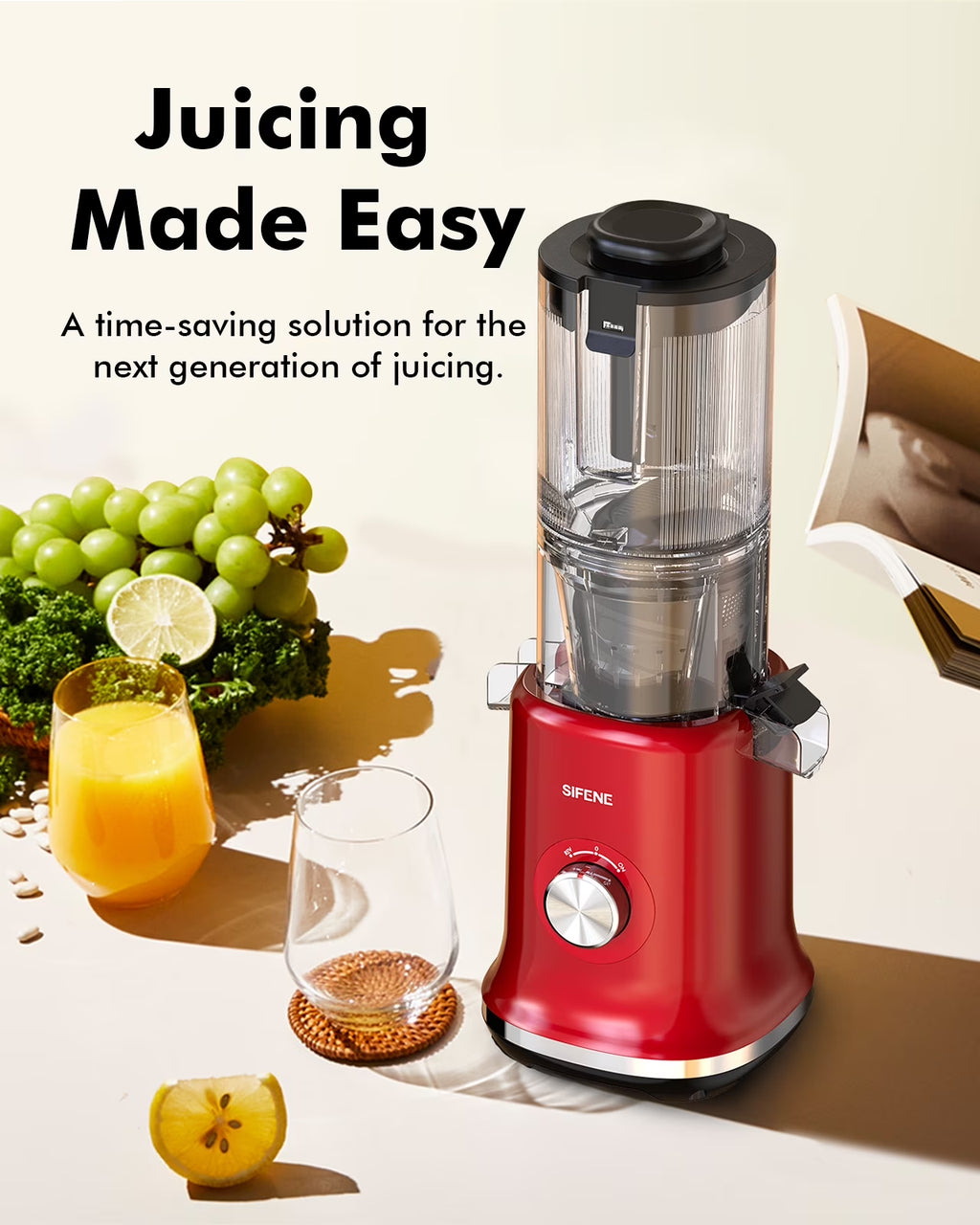 Slow Masticating Juicer Machine, Cold Press Whole Fruit Juicer with 4.3-Inch Wide Feed Chute, Easy to Clean, High Juice Yield, Fruit & Vegetable Juicer, Home Kitchen, Red